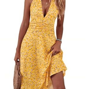 Huhot Yellow Floral Halter Dress